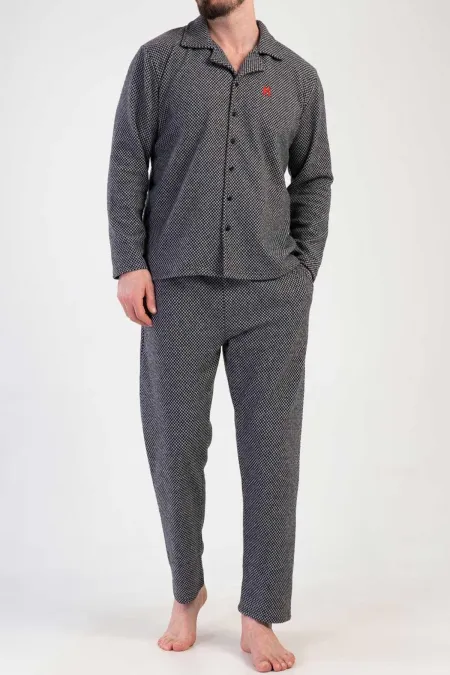 Ensemble pyjama noir à manches longues pour homme, en maille interlock à micro-motifs égyptienne.