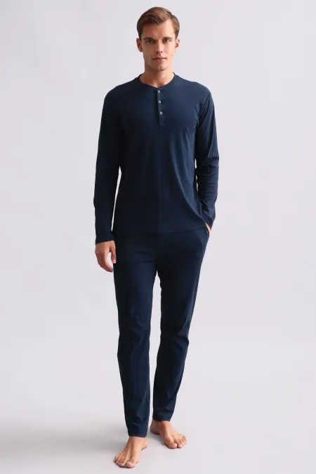 Ensemble pyjama égyptien pour homme, en coton, manches longues et chemise boutonnée, bleu marine