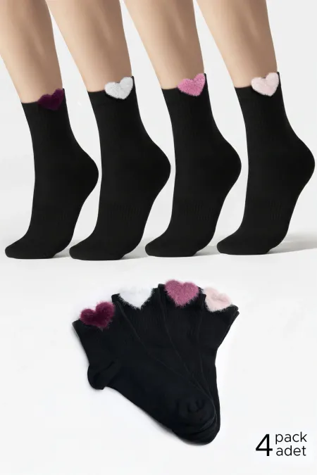 Kadın Pamuklu Kalpli 4 Çift Kısa Konç Çorap Siyah