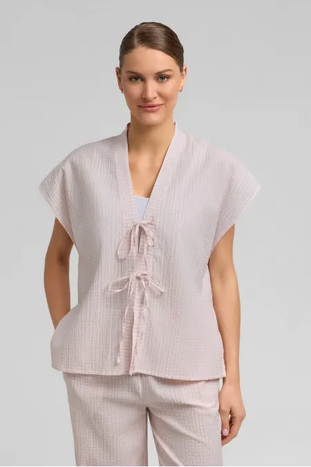 Mısırlı Kadın Pamuk Ekoseli Bağlamalı Gömlek Açık Pembe