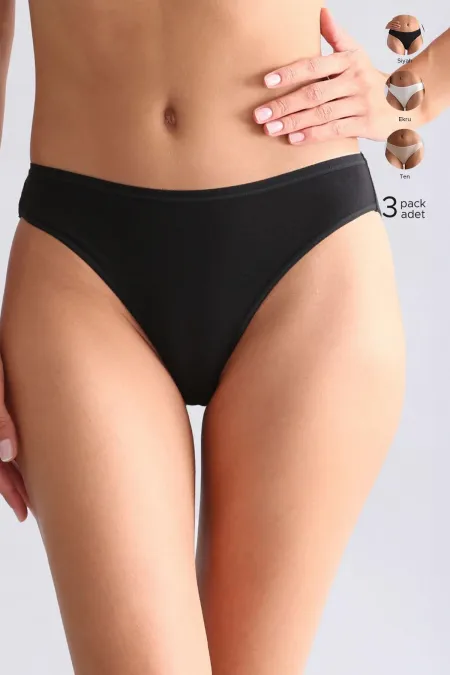 Mısırlı Modal By TENCEL HERA İnce Lastikli 3'Lü Brazillian Külot Siyah/Beyaz/Ten