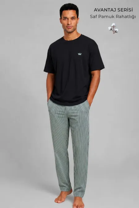 Egyptian Men's Cotton Striped Pajama Set Black-Green