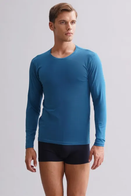 Mısırlı Modal By TENCEL HERCULES Slim Fit Crew Neck Long Sleeve Undershirt/T-Shirt Petrol Blue