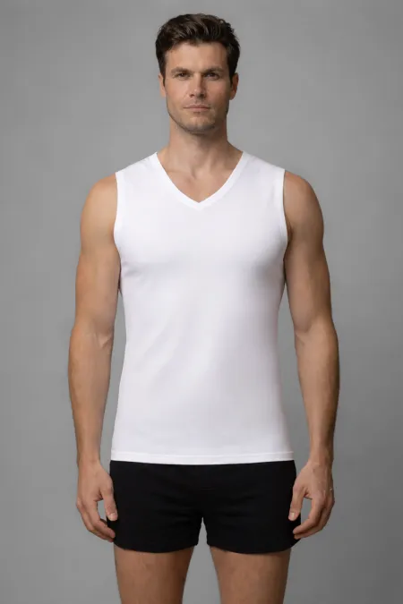 Mısırlı Pamuklu V Yaka Sıfır Kol Regular Fit Atlet Beyaz