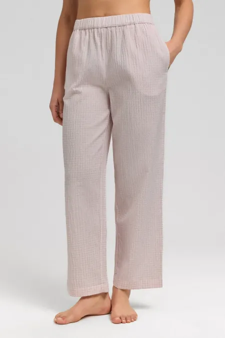 Mısırlı Kadın Pamuk Ekoseli Alt Pijama Açık Pembe