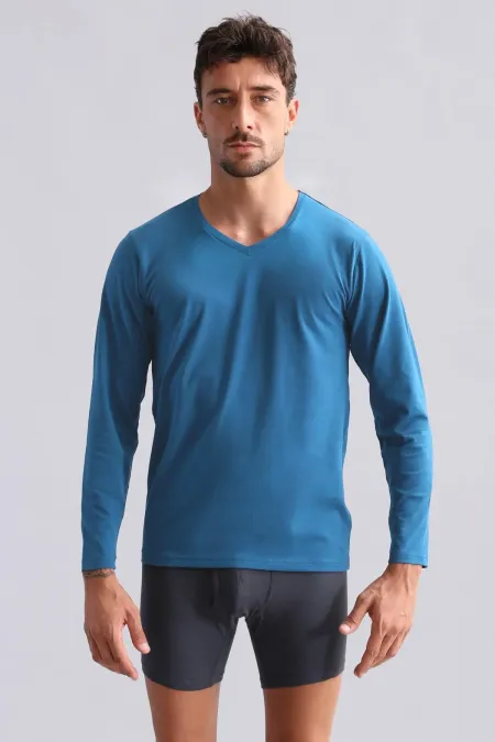 Mısırlı Modal By TENCEL HERCULES Slim Fit V Yaka Uzun Kollu Fanila / T-Shirt Petrol Mavisi