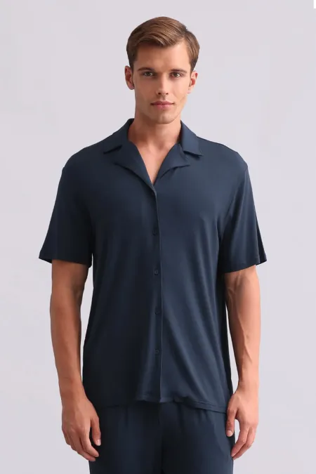 Chemise égyptienne pour homme en modal à manches courtes, bleu marine