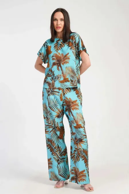 Ensemble pantalon turquoise en viscose à motifs pour femme, style égyptien