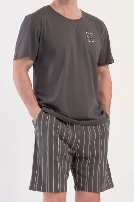 Mısırlı Erkek Pamuklu Kısa Kollu Şort Pijama Takımı Füme