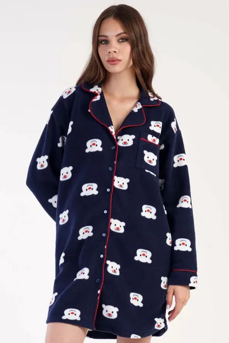 Women's Fleece Long-Sleeve Dress Navy Blue