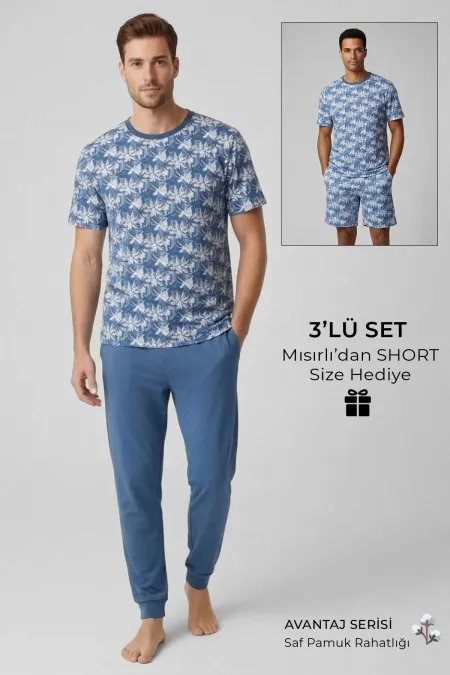 Ensemble 3 pièces pour homme en coton égyptien à col rond, indigo