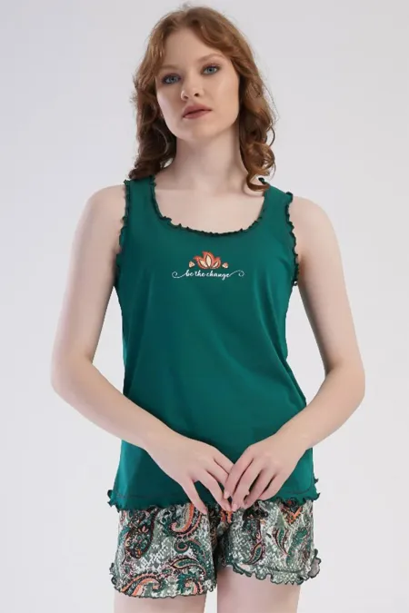 Kadın Pamuklu Kalın Askılı Şortlu Takımı Koyu Yeşil