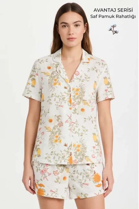 Ensemble chemise et short en coton à motif floral pour femme, écru