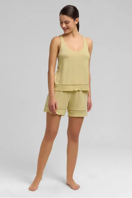 Mısırlı Kadın Örme Askılı Short Takım Açık Sarı