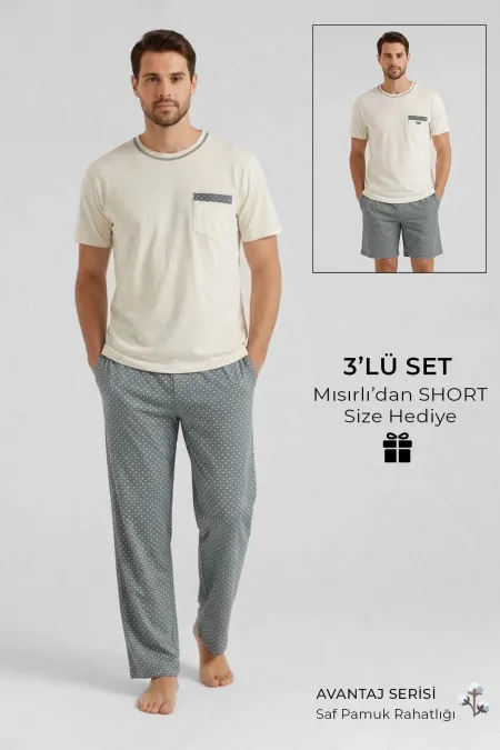 Ensemble 3 pièces pour homme en coton égyptien, col rond et poches, blanc/vert