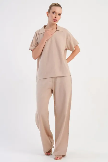 Mısırlı Kadın Pamuklu Dokuma Kısa Kollu Takım Bej