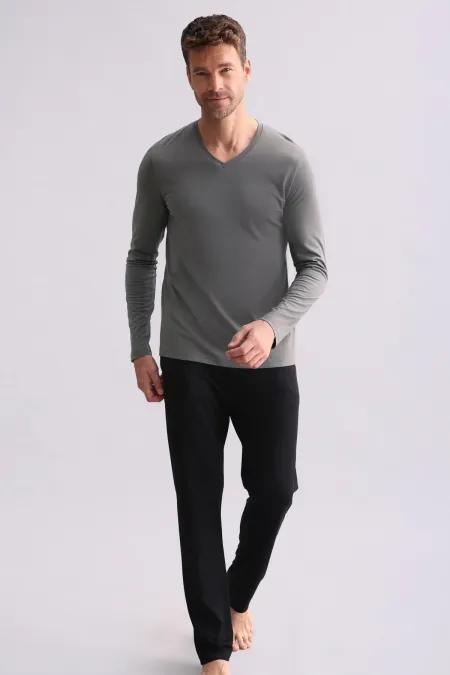 Ensemble pyjama homme égyptien en modal et coton mélangés, manches longues, col en V, gris chiné
