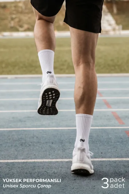 Mısırlı Unisex Pamuklu Spor Çorap, 3'Lü Beyaz