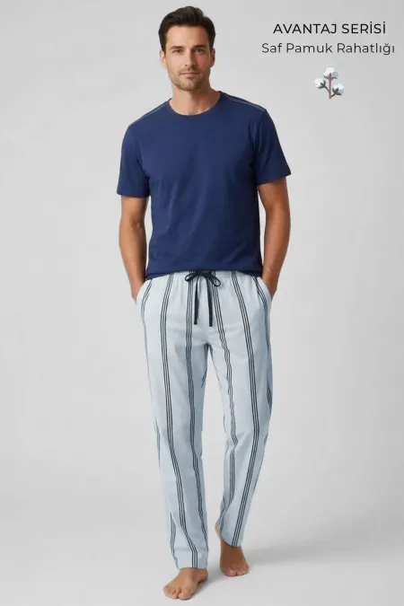 Egyptian Men's Cotton Crew Neck Striped Pajama Set Navy/Blue