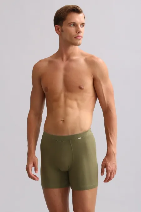 ZEUS LUXURY Regular Fit Long Boxer Shorts with Metal Emblem, Mısırlı ORGANIC Cotton, Khaki Olive