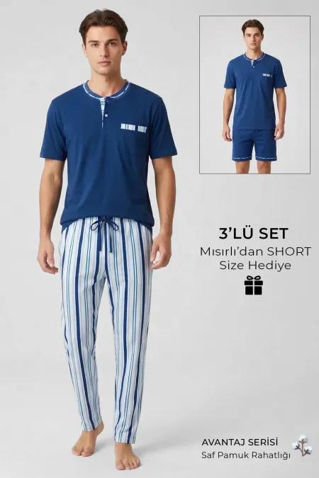 Ensemble 3 pièces pour homme en coton égyptien bleu marine, à boutons