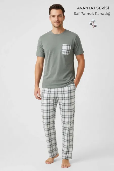 Egyptian Men's Cotton Plaid Pajama Set, Sage Green