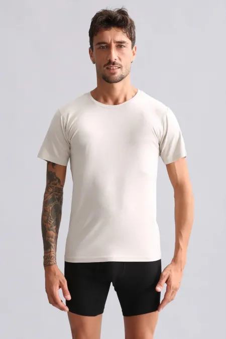 Mısırlı Modal By TENCEL HERCULES Slim Fit Bisiklet Yaka Fanila / T-Shirt Toprak Bej