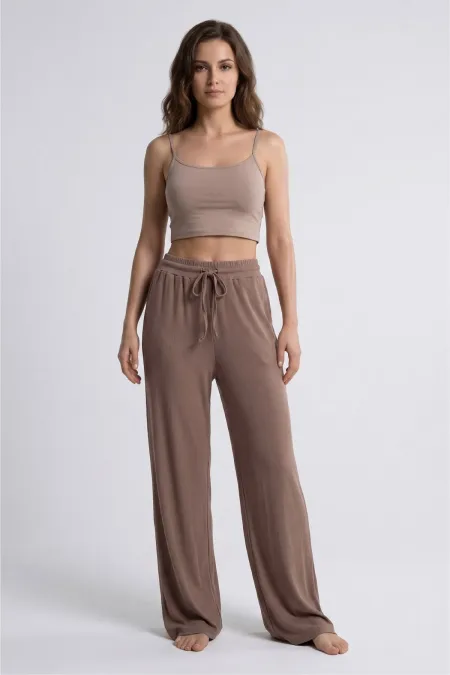 Mısırlı Kadın Modal Pamuk Karışımlı Beli Lastikli Pijama Açık Kahverengi