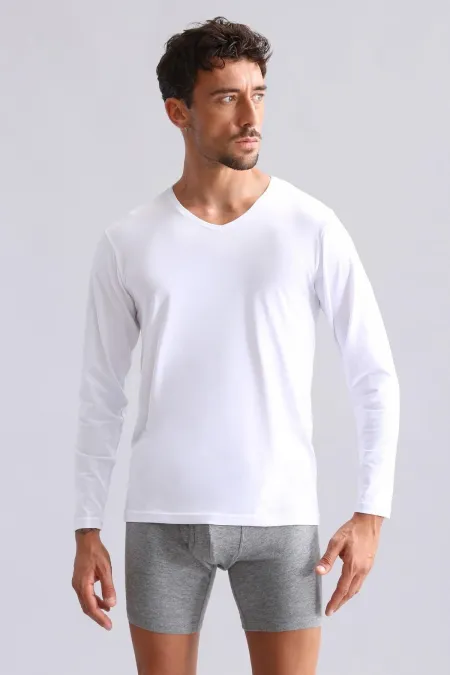 Débardeur/T-shirt à manches longues, col V, coupe ajustée, en modal égyptien TENCEL HERCULES, blanc
