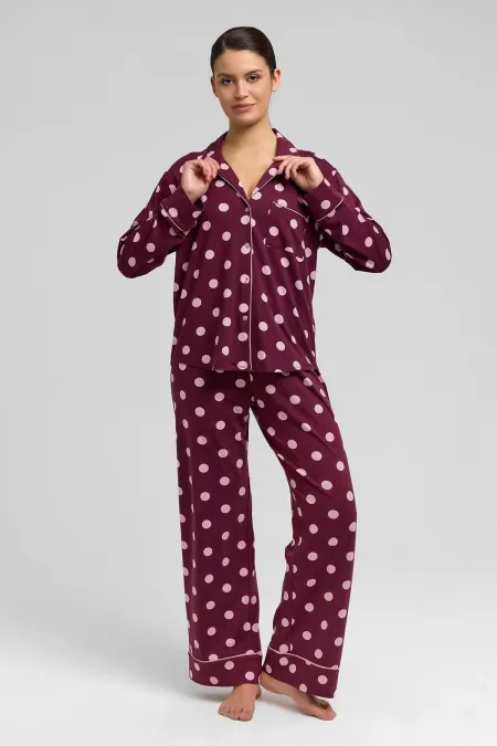Ensemble pyjama à pois en modal bordeaux pour femme, style égyptien