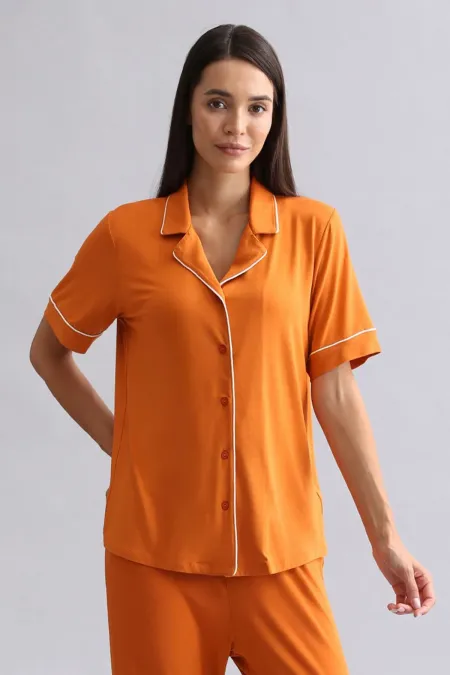 Mısırlı Kadın Modal Kısa Kollu Gömlek Pas Kırmızı