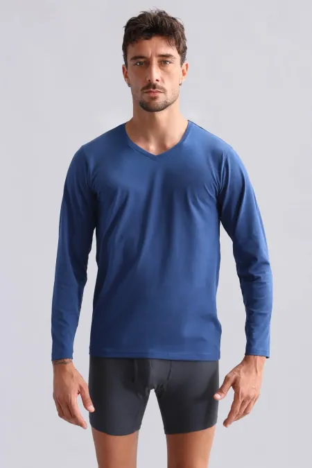 Débardeur/T-shirt à manches longues, col V, coupe ajustée, en modal égyptien TENCEL HERCULES, bleu marine