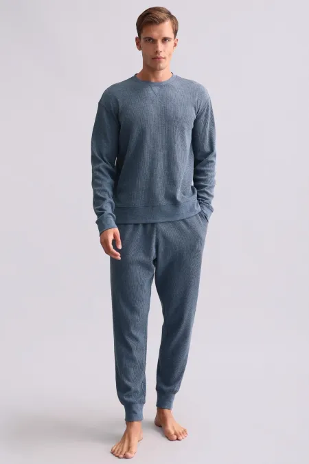 Ensemble pyjama égyptien pour homme en coton à manches longues, couleur indigo