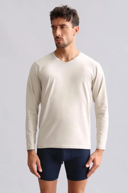 Mısırlı Modal By TENCEL HERCULES Slim Fit V Yaka Uzun Kollu Fanila / T-Shirt Toprak Bej