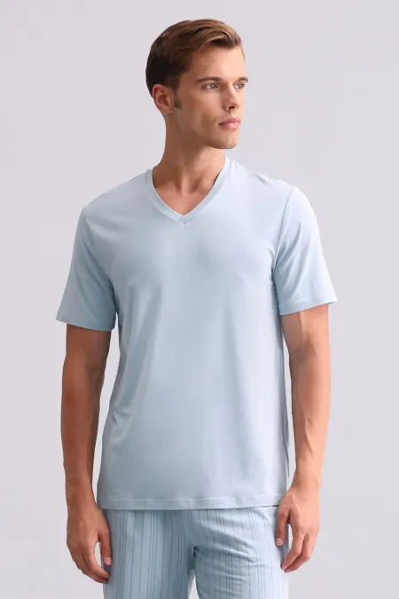 T-shirt égyptien bleu à col en V en bambou pour homme
