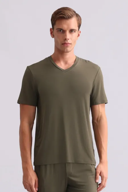 T-shirt égyptien pour homme en modal, col en V, kaki