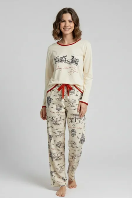 Ensemble pyjama femme à motif rennes des neiges égyptiens, écru