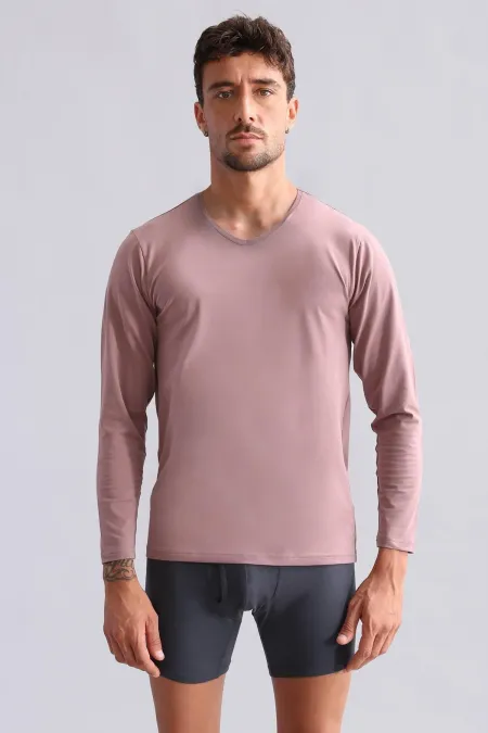 T-shirt à manches longues et col en V coupe ajustée en modal égyptien TENCEL HERCULES, couleur lavande