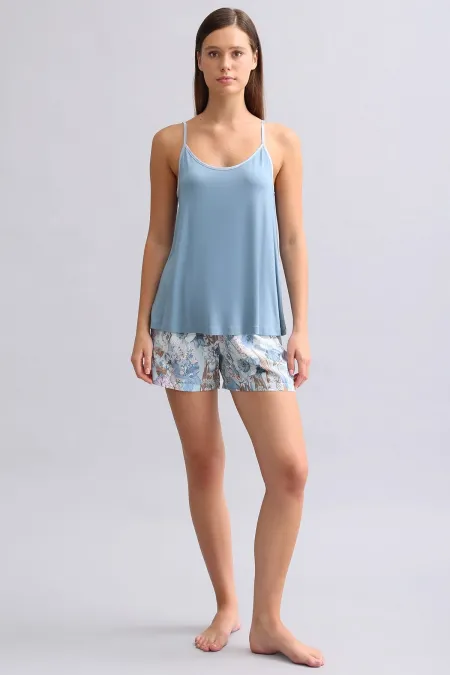 Mısırlı Kadın Örme İp Askılı Biye Detaylı Atlet Mavi