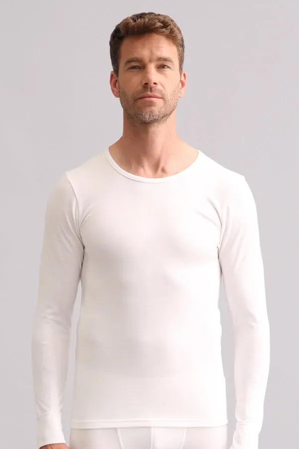 Sous-vêtement/sweat-shirt thermique en bambou égyptien à manches longues et col rond, écru