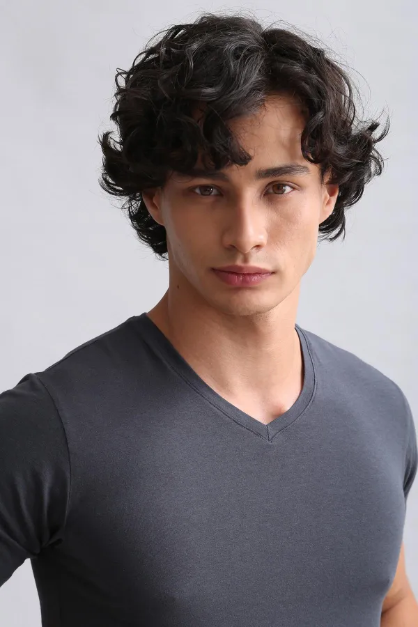 Mısırlı Modal By TENCEL HERCULES Slim Fit V Yaka Fanila / T-Shirt Antrasit