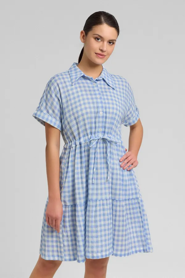 Kadın Pamuk Ekoseli Düğmeli Elbise Açık Mavi