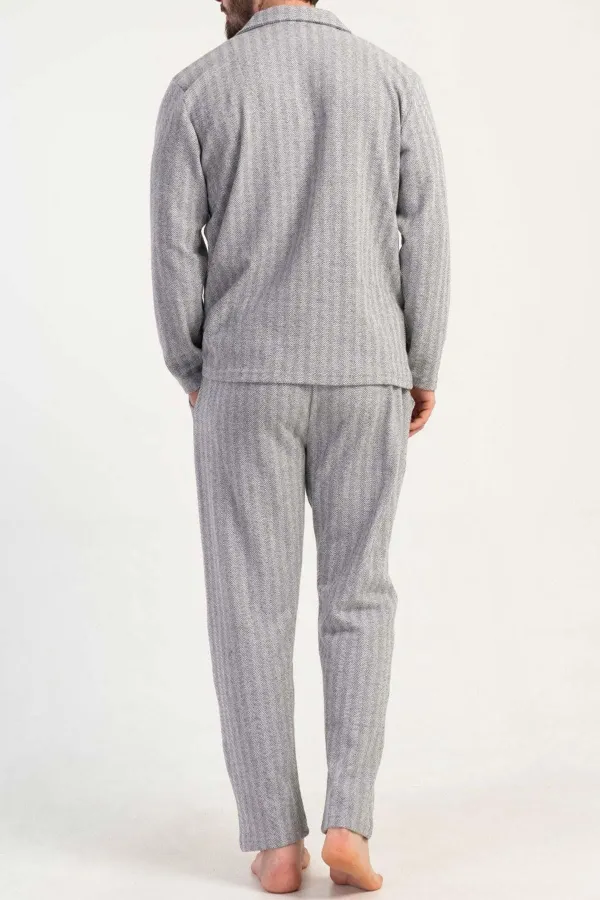 Ensemble pyjama pour homme, chemise à manches longues rayée en maille interlock égyptienne, gris clair