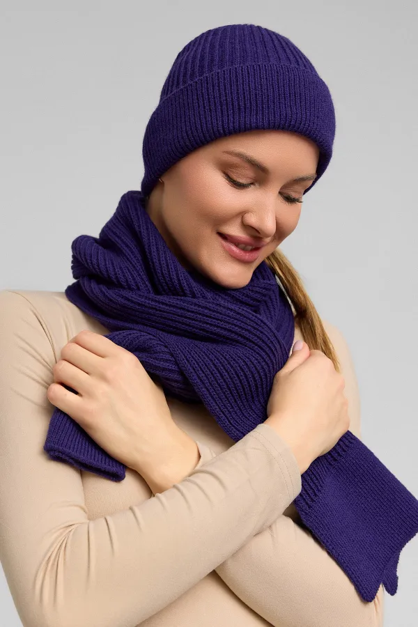 Ensemble écharpe et bonnet unisexe en laine égyptienne - Roseluis violet