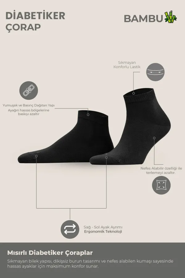 Unisex Bambu Diyabetik Sneaker Çorap Siyah