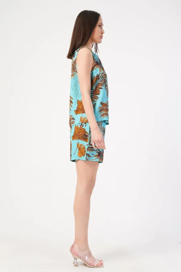 Mısırlı Kadın Viskon Desenli Şort Takımı Turkuaz