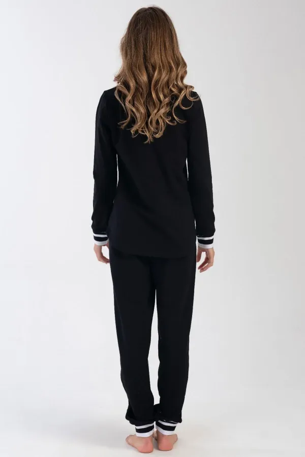Mısırlı Kadın İki İplik Sıfır Yaka Uzun Kollu Pijama Takımı Siyah