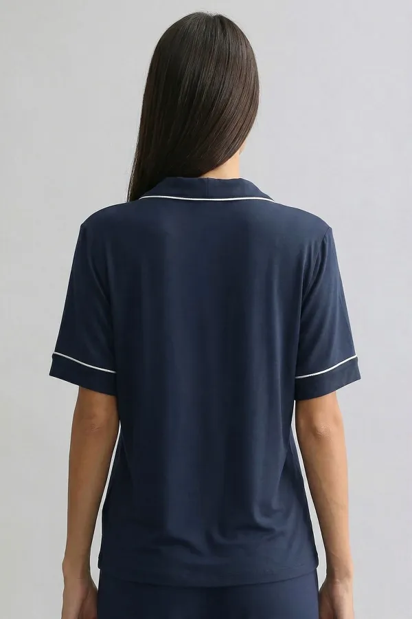 Haut de pyjama à manches courtes en bambou pour femme, bleu marine, de style égyptien