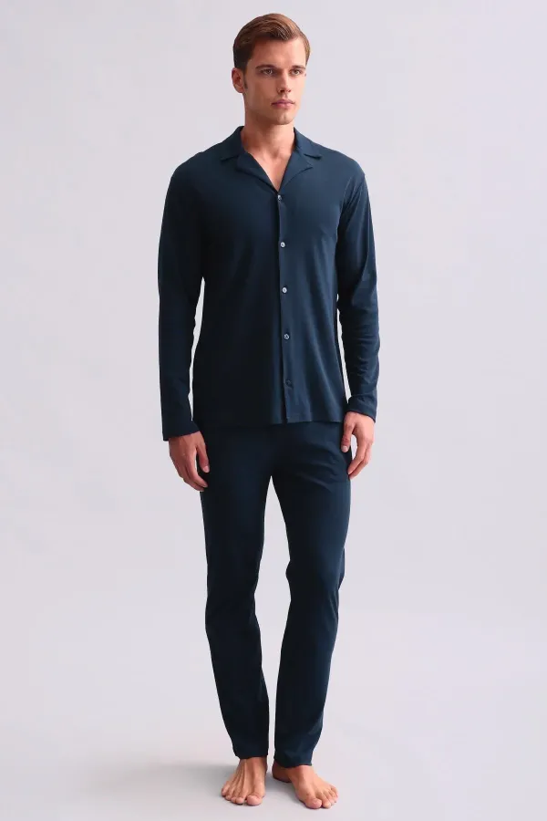 Ensemble pyjama chemise en coton pour homme, bleu marine, style égyptien