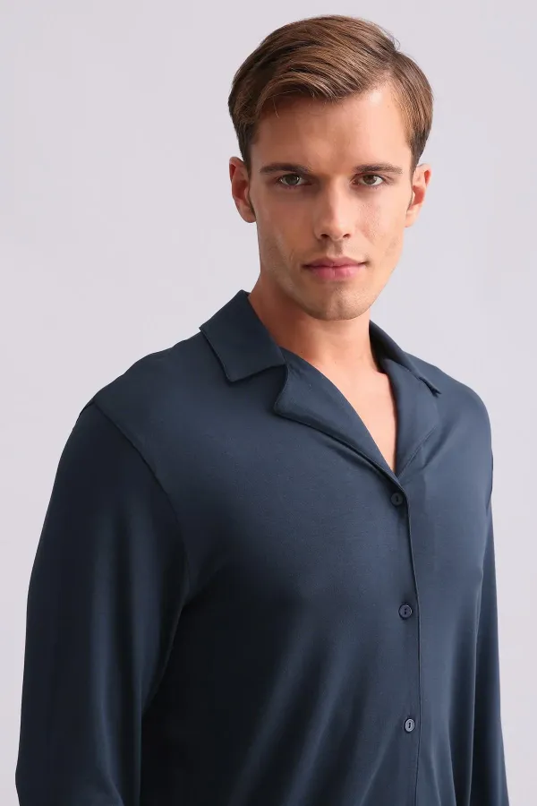 Chemise égyptienne à manches longues en modal, bleu marine